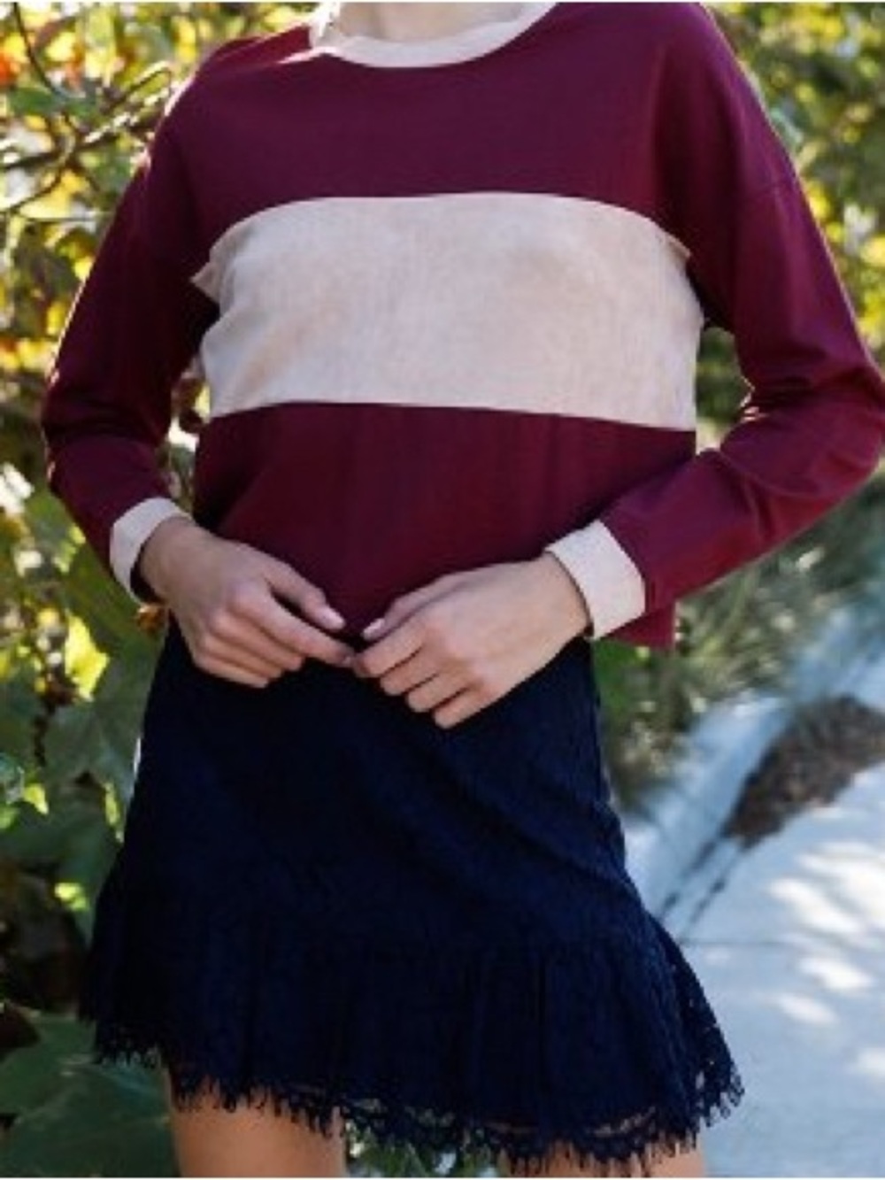 Maroon & Cream Faux Suede Colorblock Crop Pullover Long Sleeve Top: L